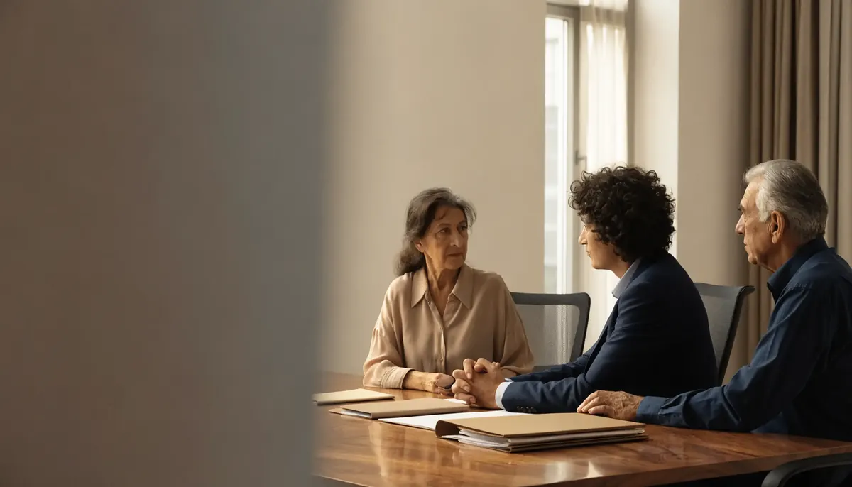Illustrative adviser and clients discussing documents in a meeting room